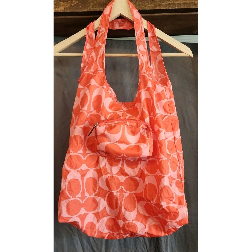 Coach Signature Print Packable Nylon Hobo Tote Shopping Bag Orange Folds